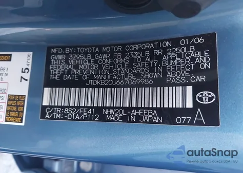 2006 Toyota Prius z USA, uszkodzony, nr VIN JTDKB20U667069986